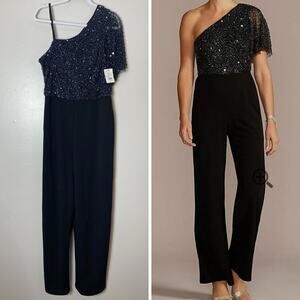 NWT ADRIANNA PAPELL JUMPSUIT 16 SEQUIN BLACK BEADED ONE SHOULDER WHIMSIGOTH GLAM